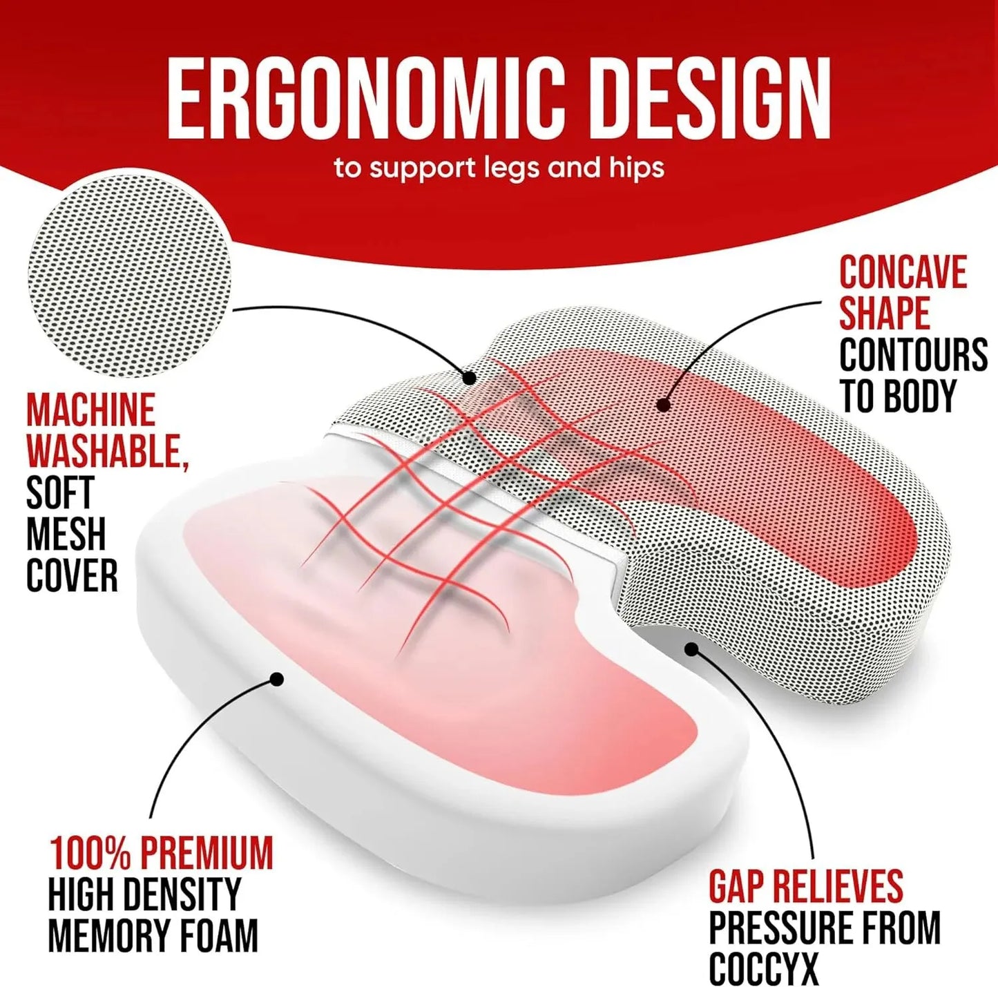 Ergonomic Seat Cushion with U-Shaped Cutout | Memory Foam Office Pillow with Washable Cover