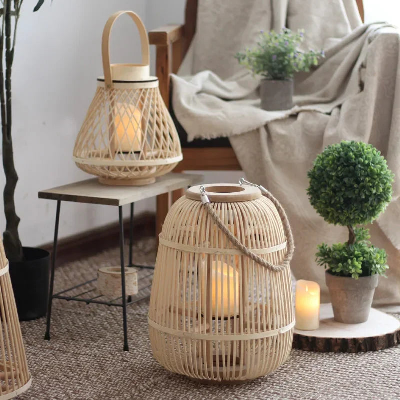 Outdoor and Tabletop Rattan Lantern with Flameless Candle