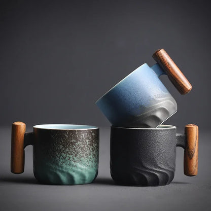 Retro Ceramic Espresso Mugs Featuring Wooden Handles