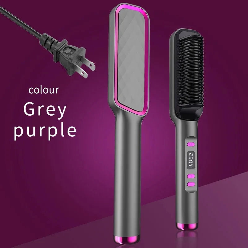 Hair Straightening Brush with LED Temperature Display & Anti-Scald Protection | 360° Rotating Cable
