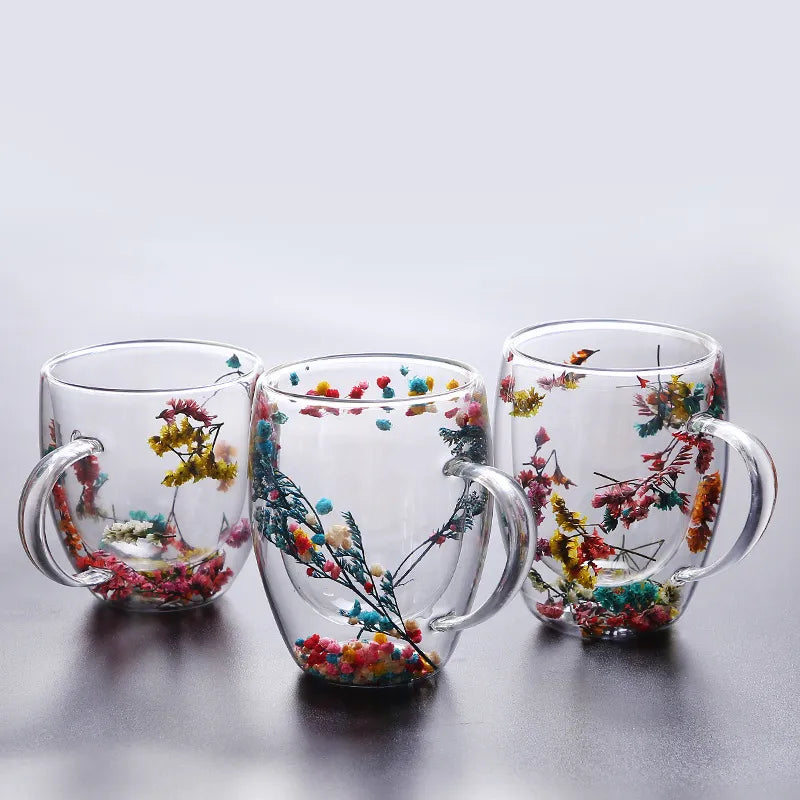 Set of 2 Floral Infused Double-Wall Glass Mugs