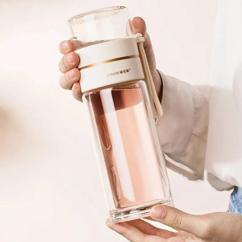Double-Wall Borosilicate Tea Infuser Bottle 13.5 oz with Stainless Steel Filter
