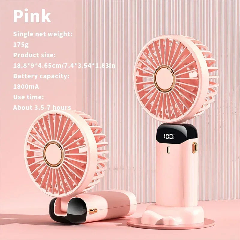 Compact Fan with 5 Speed Settings | 3000 mAh Rechargeable Battery | Foldable Design with LED Display