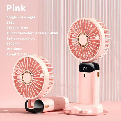 Compact Fan with 5 Speed Settings | 3000 mAh Rechargeable Battery | Foldable Design with LED Display