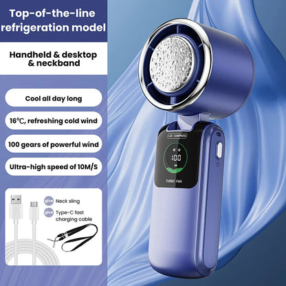 Portable Mini Hand Fan with Cooling Battery | 100 Speed Settings | 10W Turbo Power | Foldable Design