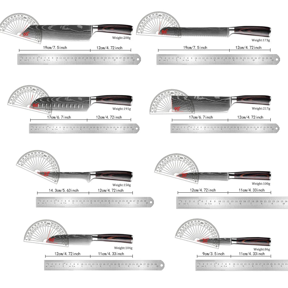 Kitchen Knife Collection - 1-9 Pieces Stainless Steel Chef, Santoku & Fruit Knives with Ergonomic Pakkawood Grip