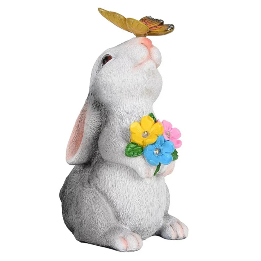 Solar Garden Bunny Statue with LED Butterfly | Waterproof Plastic