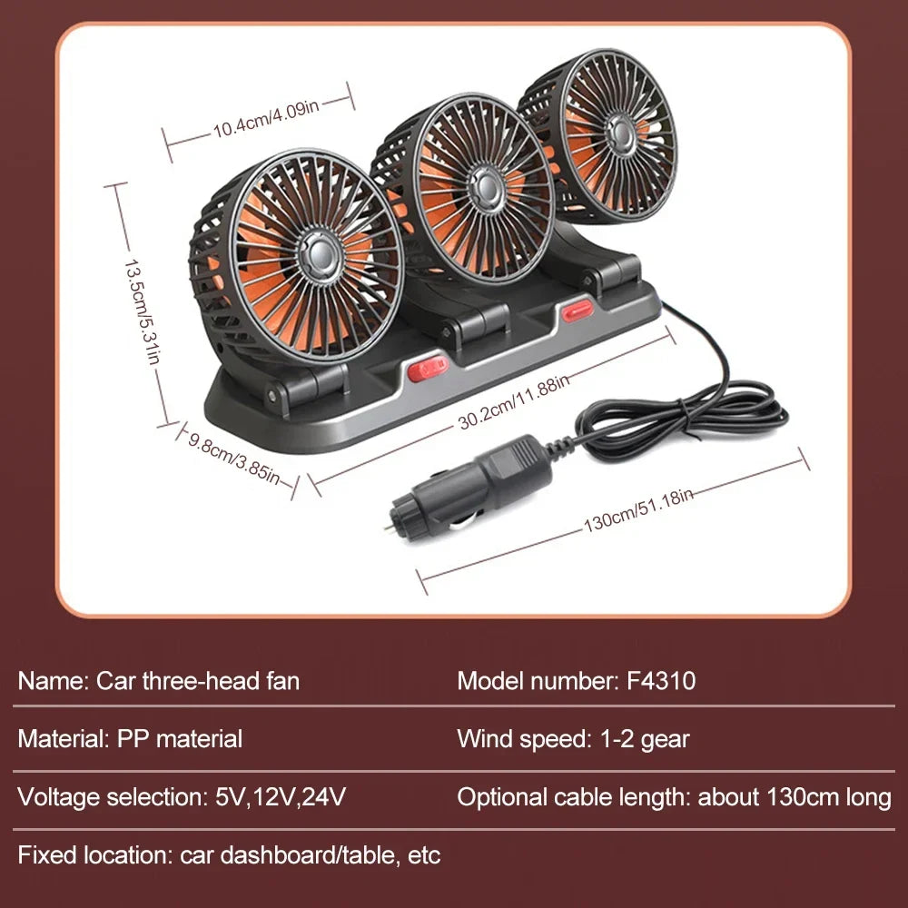 Automotive Electric Fan - 3-Head 360° Adjustable USB/12V/24V - Quiet Cooling for Home, Office & Car - 2 Speed Settings