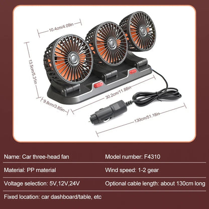 Automotive Electric Fan - 3-Head 360° Adjustable USB/12V/24V - Quiet Cooling for Home, Office & Car - 2 Speed Settings