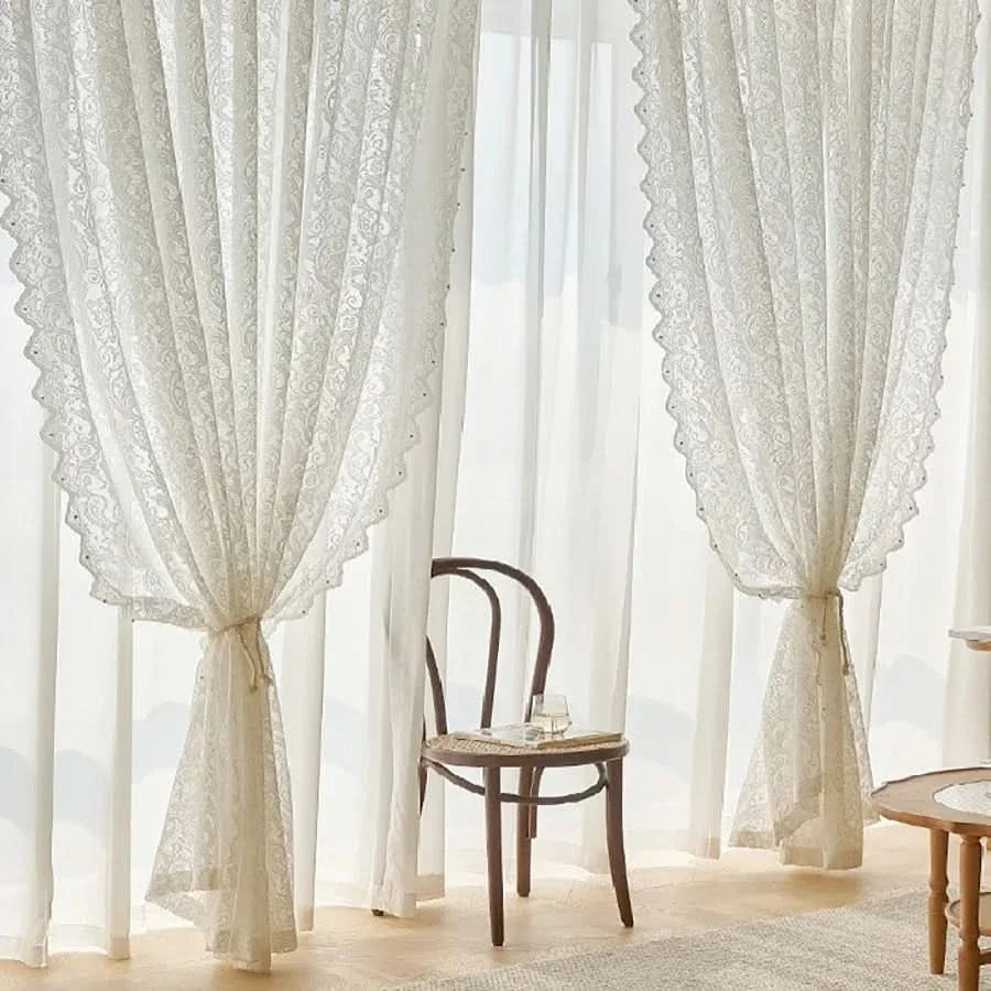 Elegant Beaded Phoenix Tail Lace Curtain in French Country Style