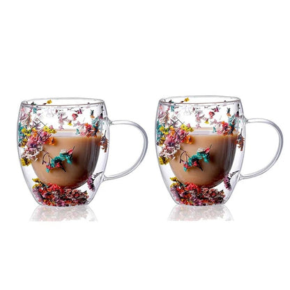 Set of 2 Floral Infused Double-Wall Glass Mugs