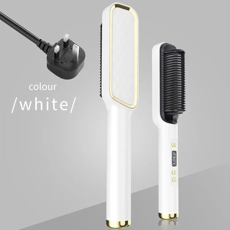 Hair Straightening Brush with LED Temperature Display & Anti-Scald Protection | 360° Rotating Cable