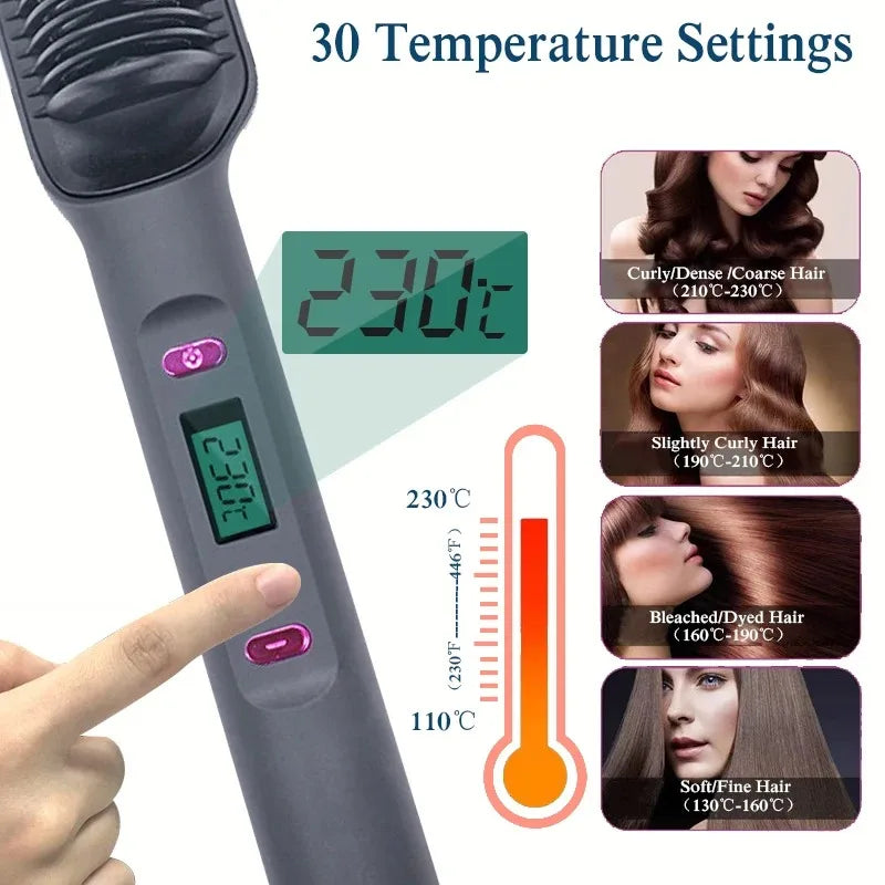 Hair Straightening Brush with LED Temperature Display & Anti-Scald Protection | 360° Rotating Cable
