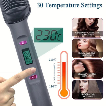 Hair Straightening Brush with LED Temperature Display & Anti-Scald Protection | 360° Rotating Cable