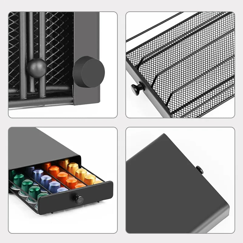 Under-Machine Coffee Pod Organizer for 40 Nespresso Original Capsules - Steel Frame, Mesh Base & Non-Slip Pads