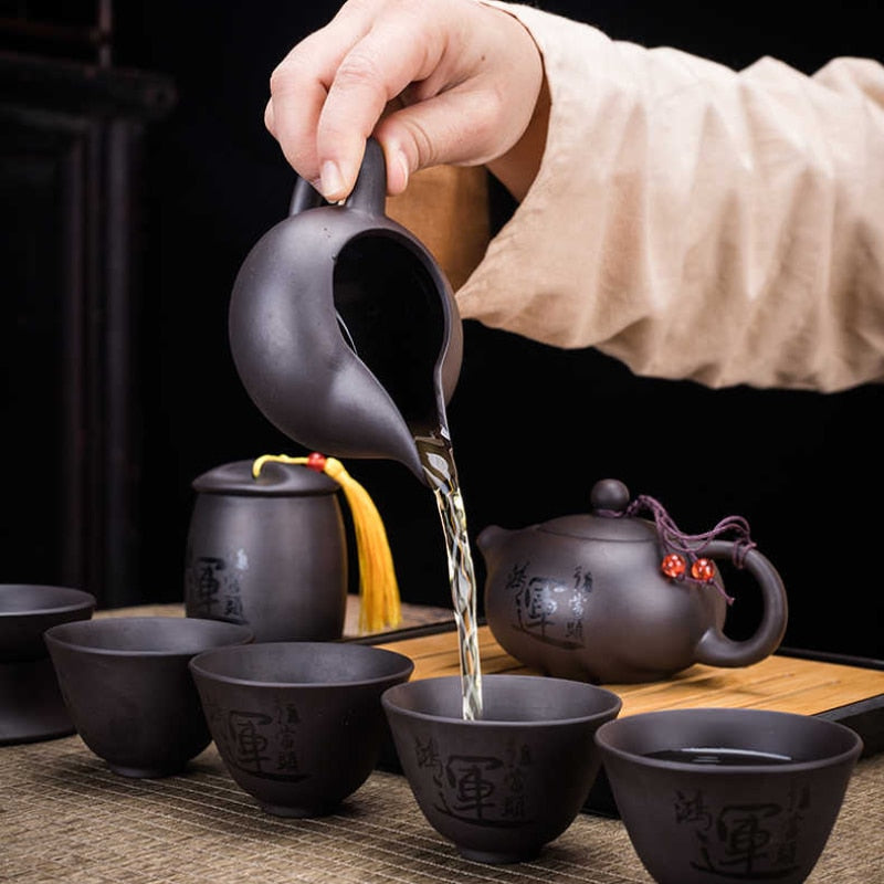 9-Piece Retro Purple Sand Ceramic Teapot Set for Travel & Kung Fu Tea