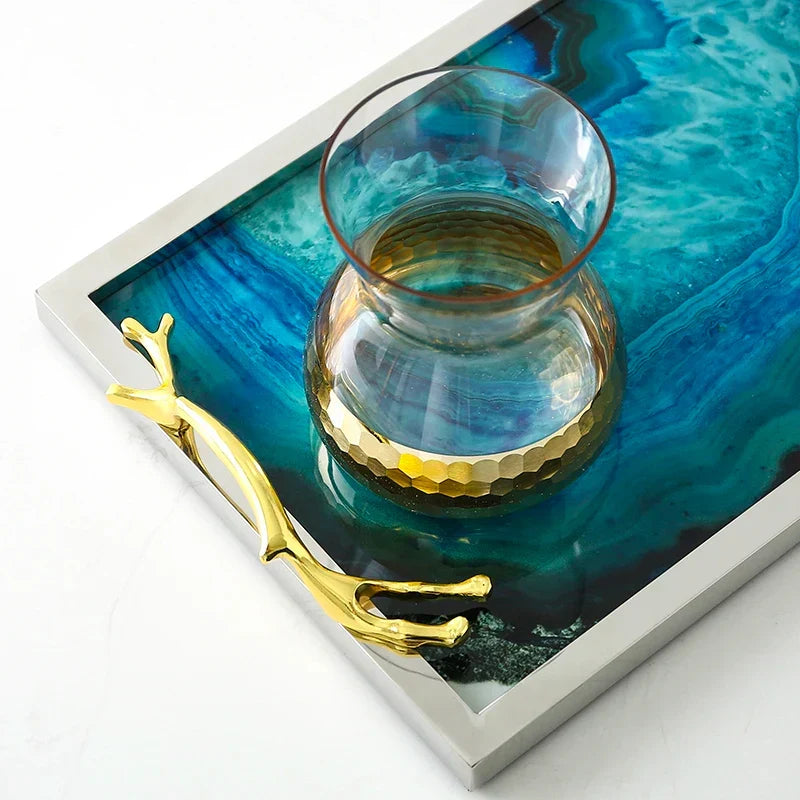 Serving Tray with Blue Agate Glass and Stainless Steel Frame