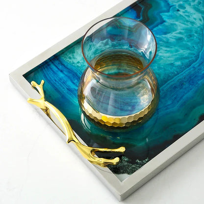 Serving Tray with Blue Agate Glass and Stainless Steel Frame