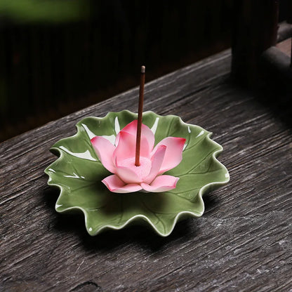 Handcrafted Ceramic Incense Stick Holder with Lotus Leaf Design – Aroma Diffuser