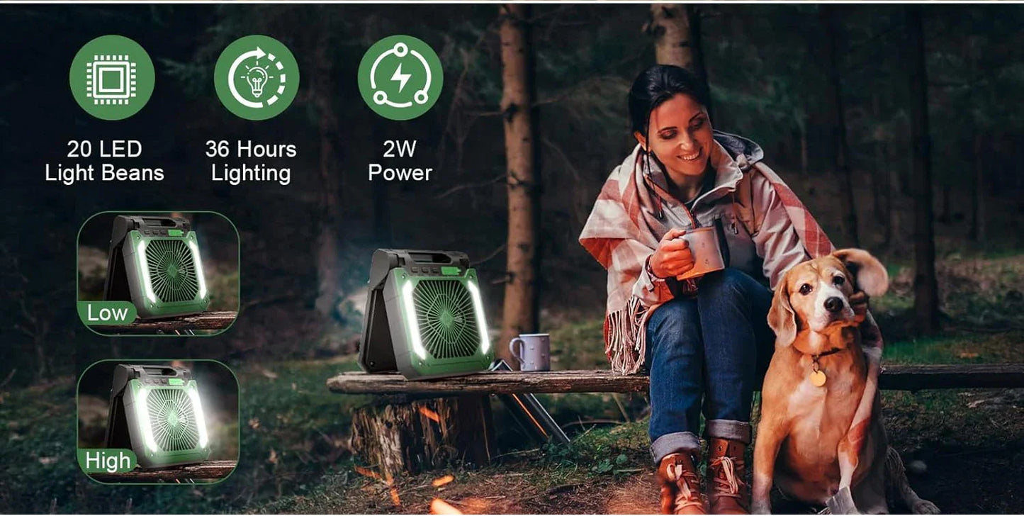 Portable 20000mAh Electric Fan with LED Light - USB, Solar & Car Charging for Camping