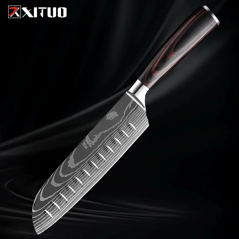 Kitchen Knife Collection - 1-9 Pieces Stainless Steel Chef, Santoku & Fruit Knives with Ergonomic Pakkawood Grip