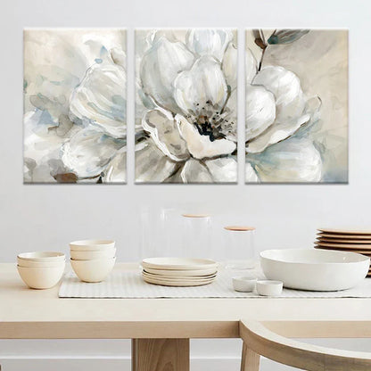 Large Beige and White Floral Canvas Prints - Modern Botanical Wall Decor for Living Room, Dining Room, Bedroom
