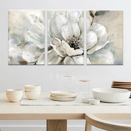 Large Beige and White Floral Canvas Prints - Modern Botanical Wall Decor for Living Room, Dining Room, Bedroom