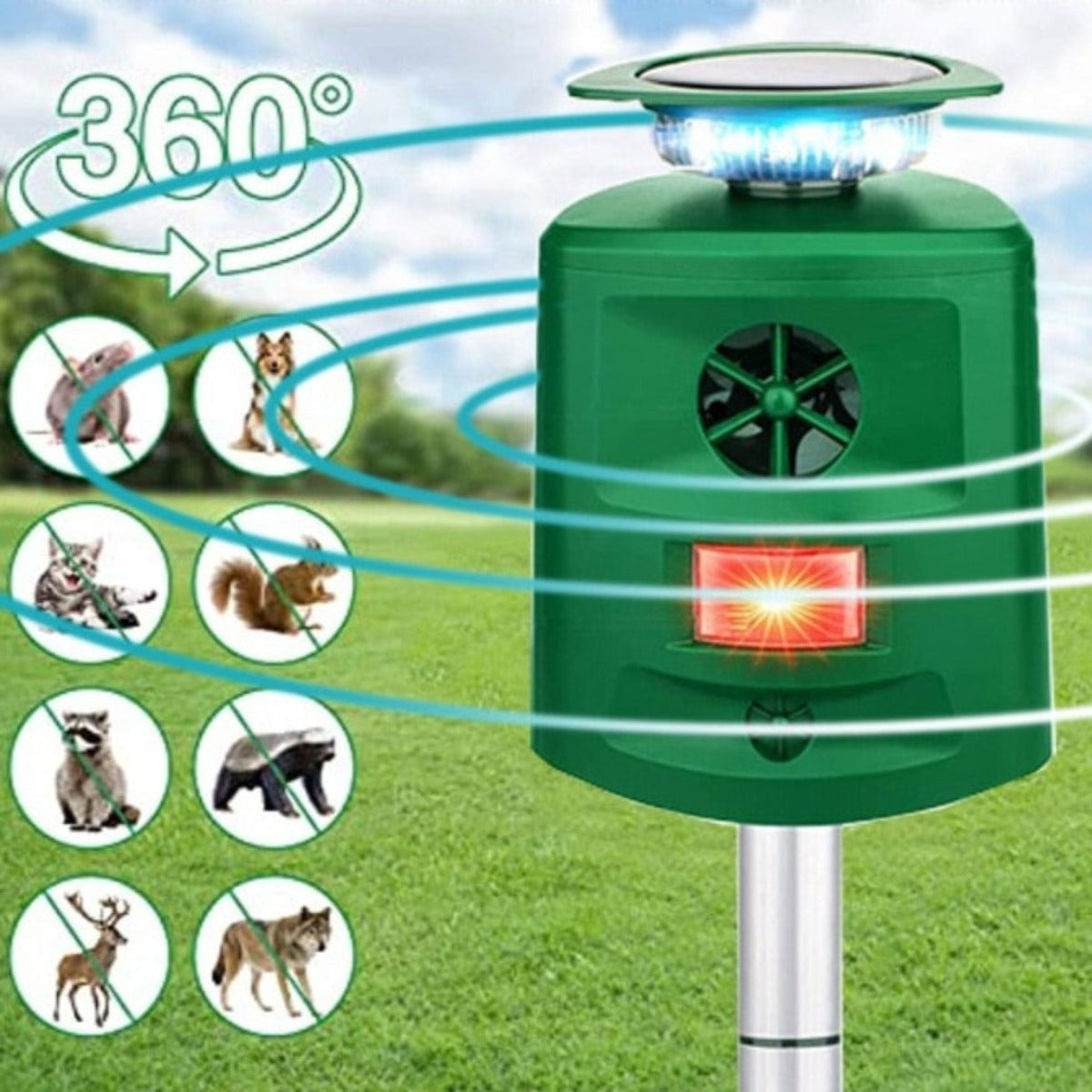 Ultrasonic Animal Repeller with 360° Sensor – Weatherproof Solar Device