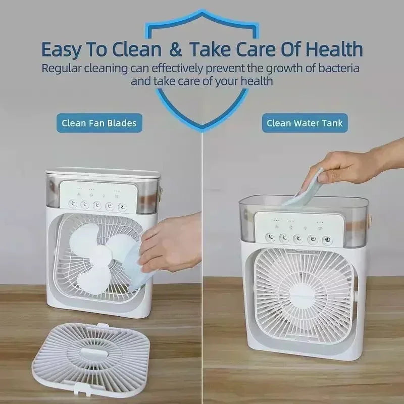 Portable 3-in-1 Air Conditioner Fan – Mini Cooler with LED Light, Humidifier, Adjustable Air for Home & Office