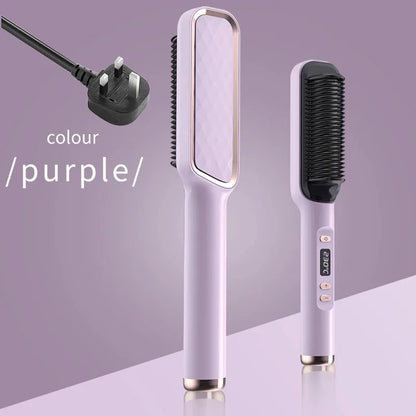 Hair Straightening Brush with LED Temperature Display & Anti-Scald Protection | 360° Rotating Cable