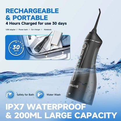 Portable Cordless Water Flosser - Rechargeable Oral Irrigator, 200ML Tank, 4 Tips, IPX7 Waterproof, 3 Settings