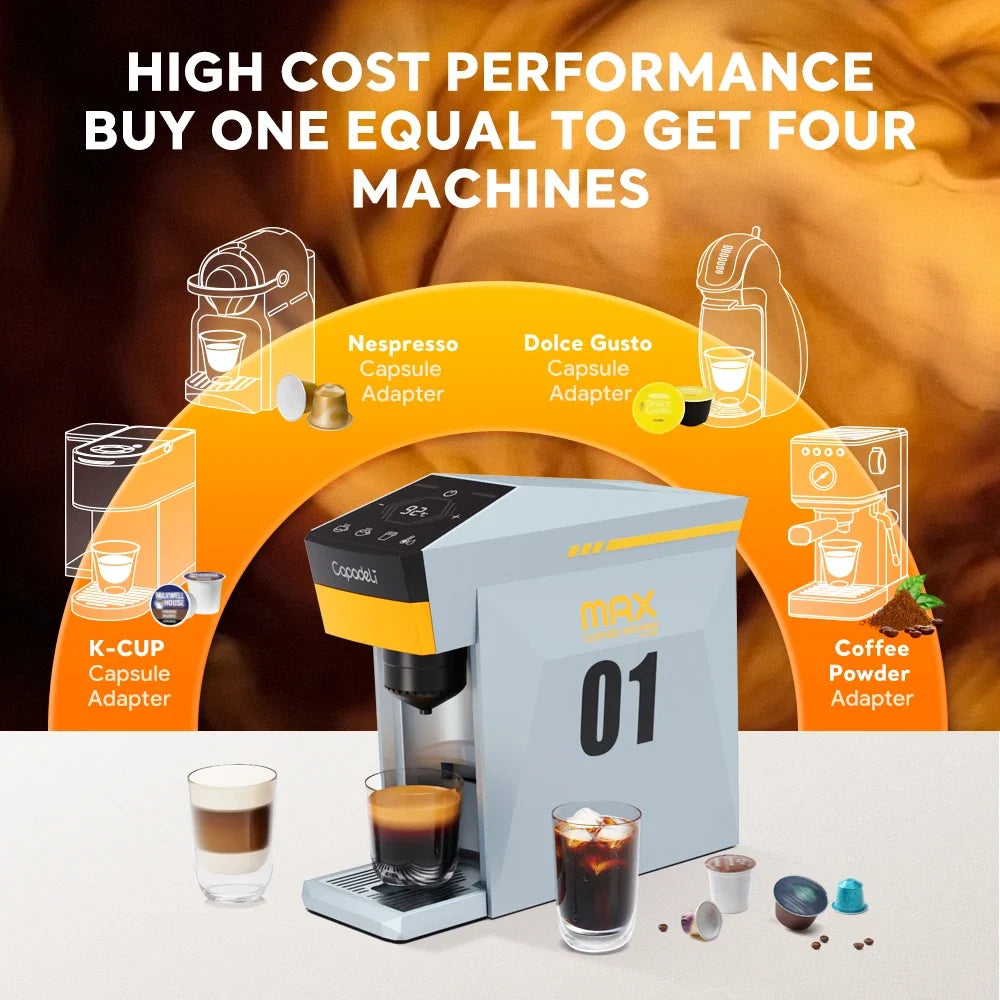 Multi-Function Coffee Maker for Nespresso, K-Cup & Dolce Gusto - 19-Bar Espresso with Hot Water Option