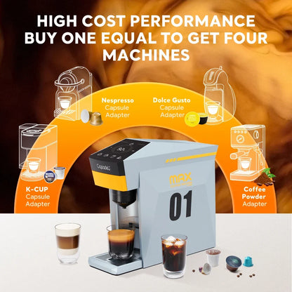 Multi-Function Coffee Maker for Nespresso, K-Cup & Dolce Gusto - 19-Bar Espresso with Hot Water Option
