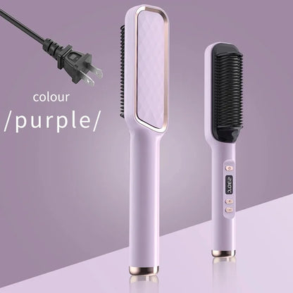 Hair Straightening Brush with LED Temperature Display & Anti-Scald Protection | 360° Rotating Cable