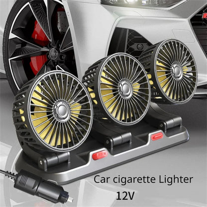 Automotive Electric Fan - 3-Head 360° Adjustable USB/12V/24V - Quiet Cooling for Home, Office & Car - 2 Speed Settings