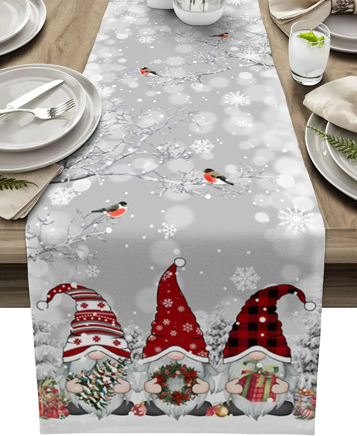 Christmas Table Runner – Luxurious Linen Runner with Snowflake and Gnome Design