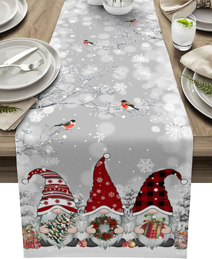 Christmas Table Runner – Luxurious Linen Runner with Snowflake and Gnome Design