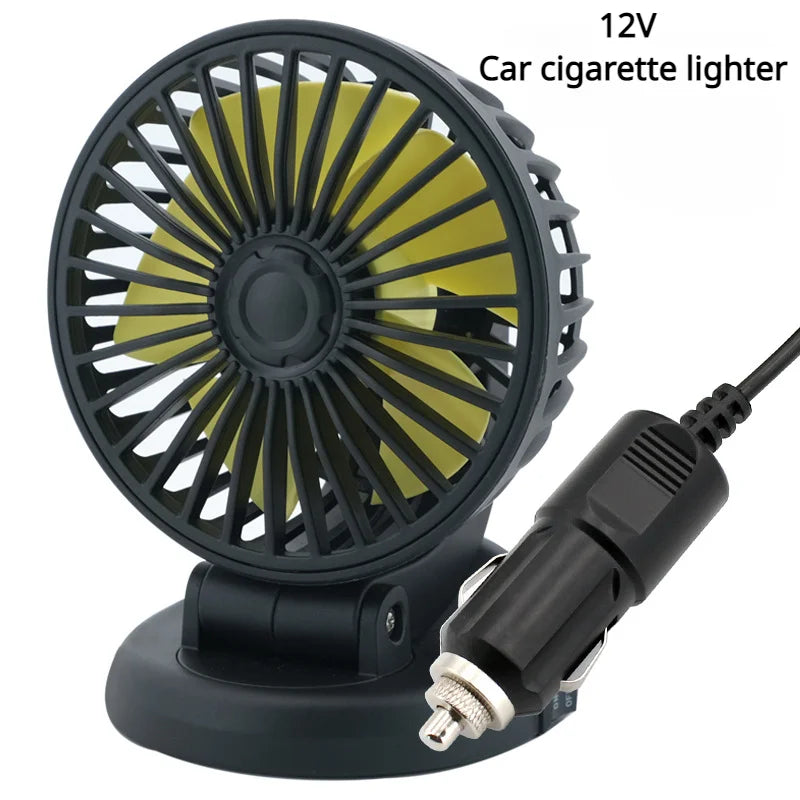 Automotive Electric Fan - 3-Head 360° Adjustable USB/12V/24V - Quiet Cooling for Home, Office & Car - 2 Speed Settings