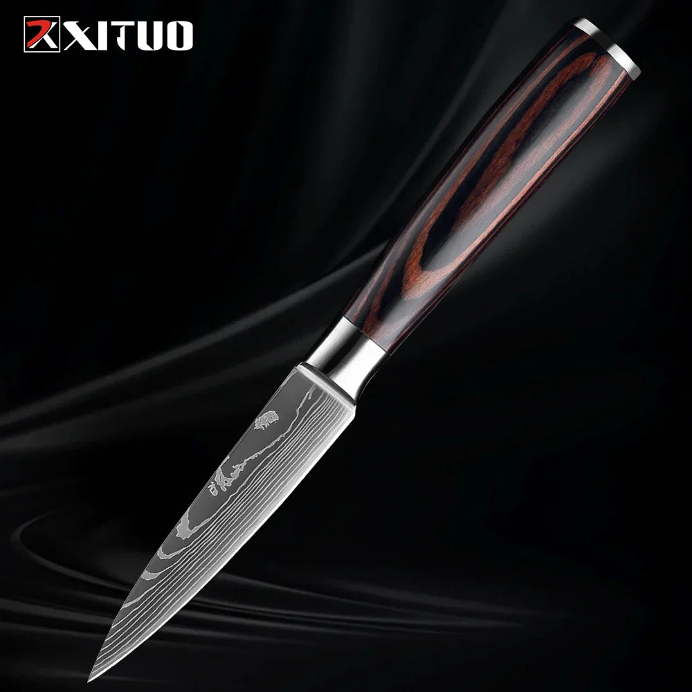 Kitchen Knife Collection - 1-9 Pieces Stainless Steel Chef, Santoku & Fruit Knives with Ergonomic Pakkawood Grip