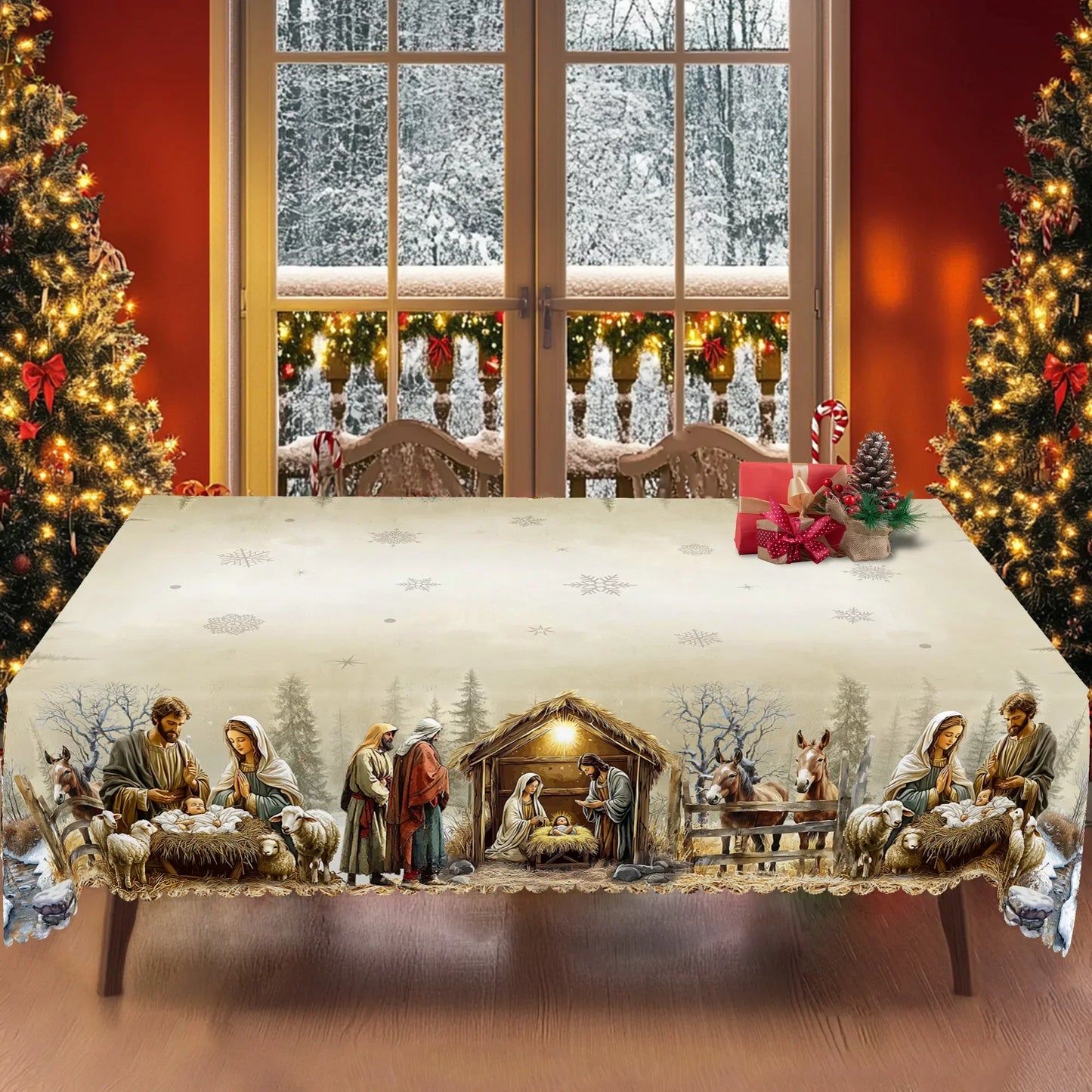 Christmas Tablecloth with Nativity Scene | Round and Rectangular | Easy Care and Wipeable Indoor/Outdoor Decoration