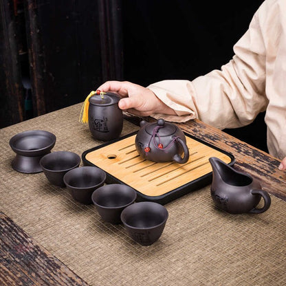 9-Piece Retro Purple Sand Ceramic Teapot Set for Travel & Kung Fu Tea