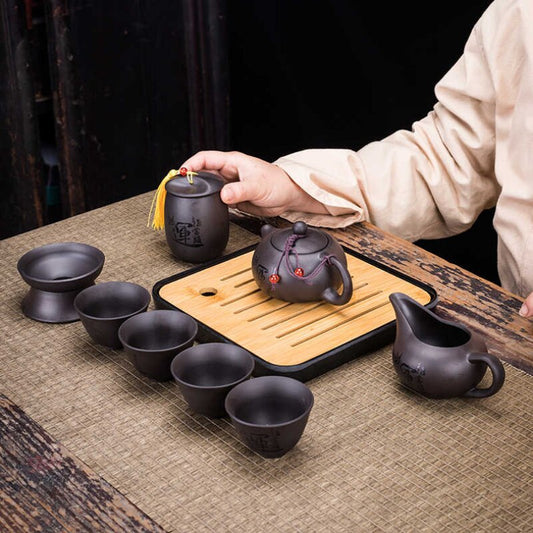 9-Piece Retro Purple Sand Ceramic Teapot Set for Travel & Kung Fu Tea
