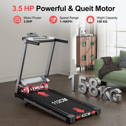 Compact Treadmill with 3.5HP Motor, 6% Incline, 350 lb Capacity, Bluetooth, 0.6–10 MPH, 7.9-Inch Folded Height