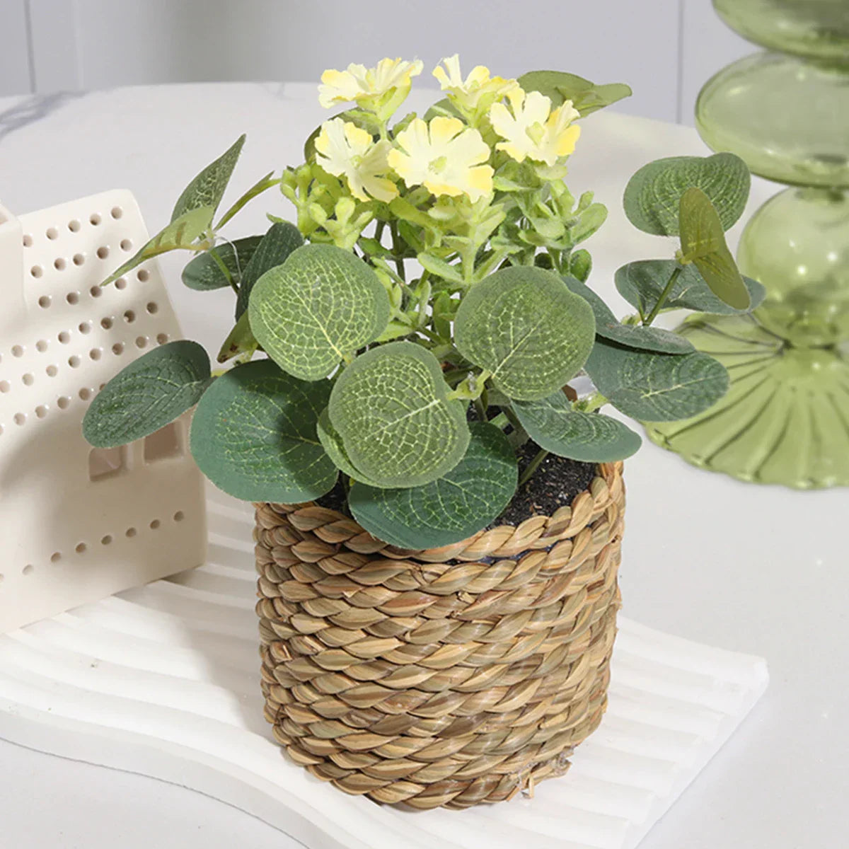 Mini Artificial Eucalyptus with Flowers | 11 cm | Includes Woven Basket | Easy-Care Indoor Decoration