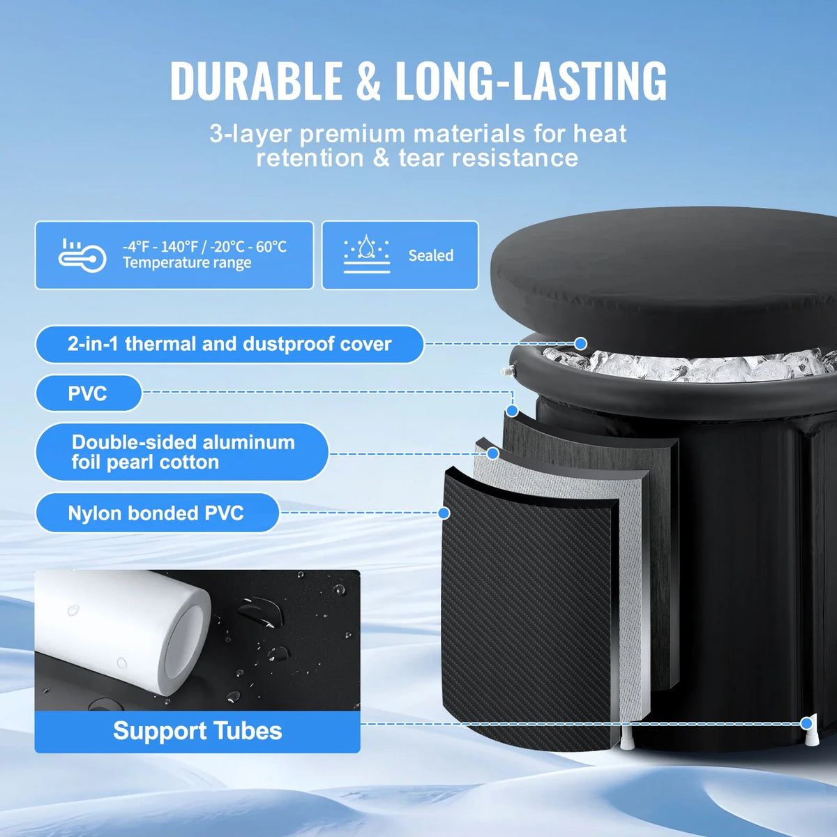 Cold Plunge Tub for Adults - Portable Ice Bath with Insulated Design, Cover & Carry Bag