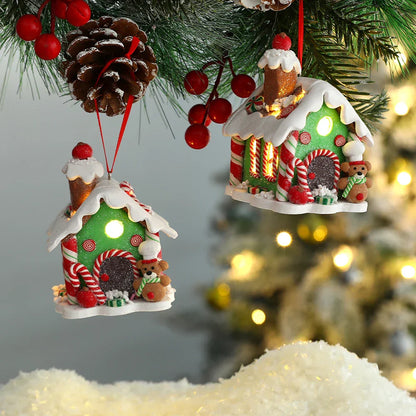 Handmade LED Gingerbread House Ornament – Illuminated Christmas Decor with Santa, Snowman, and Candy Canes