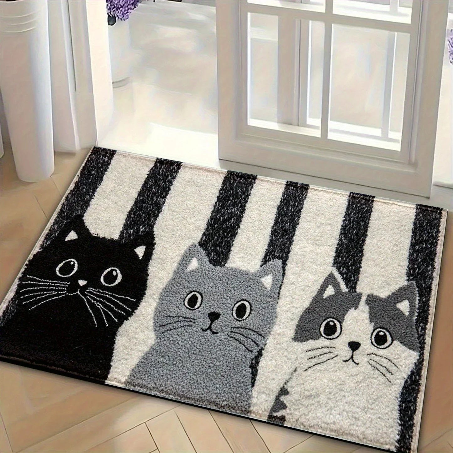 Waterproof Soft Floor Mat with Striped Cartoon Cat Design