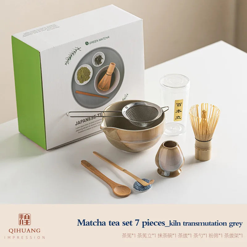 Standard Size 7-Piece Ceramic Matcha Bowl and Whisk Set for Tea Ceremony
