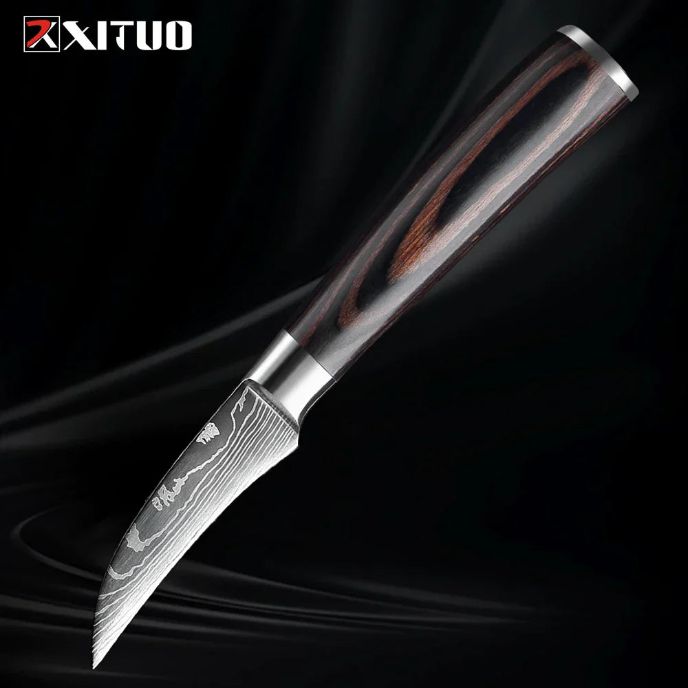 Kitchen Knife Collection - 1-9 Pieces Stainless Steel Chef, Santoku & Fruit Knives with Ergonomic Pakkawood Grip