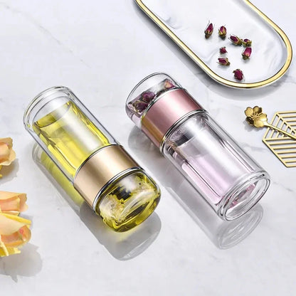 Double-Walled Borosilicate Glass Tea Infuser Tumbler with Stainless Steel Filter – 14oz Leakproof Travel Bottle with Sleeve for Hot and Cold Beverages